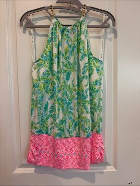 Lilly Pulitzer Green & Teal Palm Print Halter Top with Pink Border